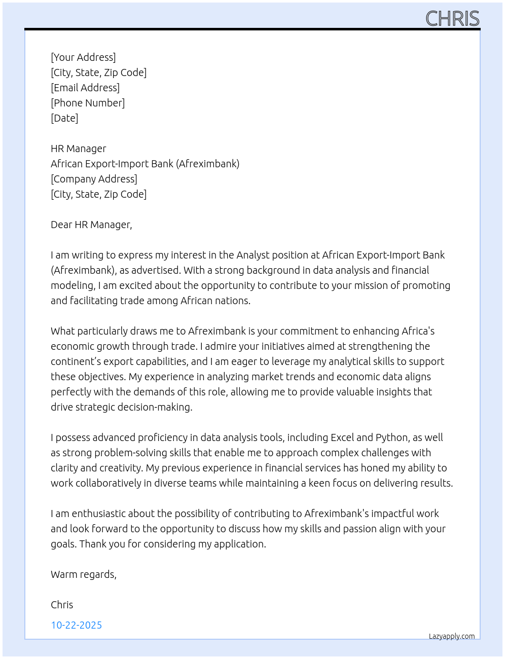 Analyst At African Export-Import Bank (Afreximbank) Cover Letter