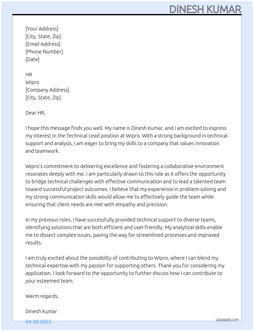 Technical Lead At Wipro Cover Letter