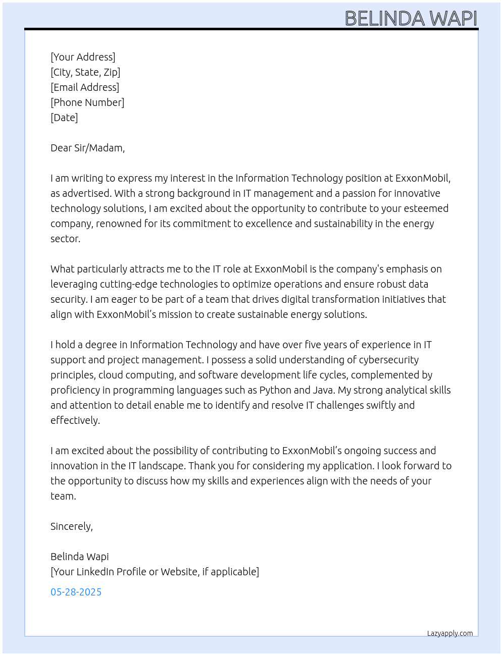 Information Technology At ExxonMobil Cover Letter