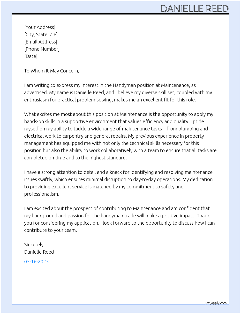 Handyman  At Maintenance  Cover Letter