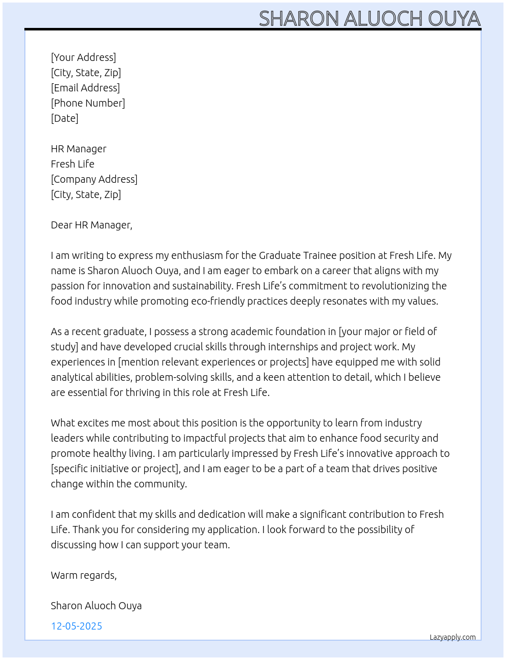 Cover letter for graduate trainee - LazyApply