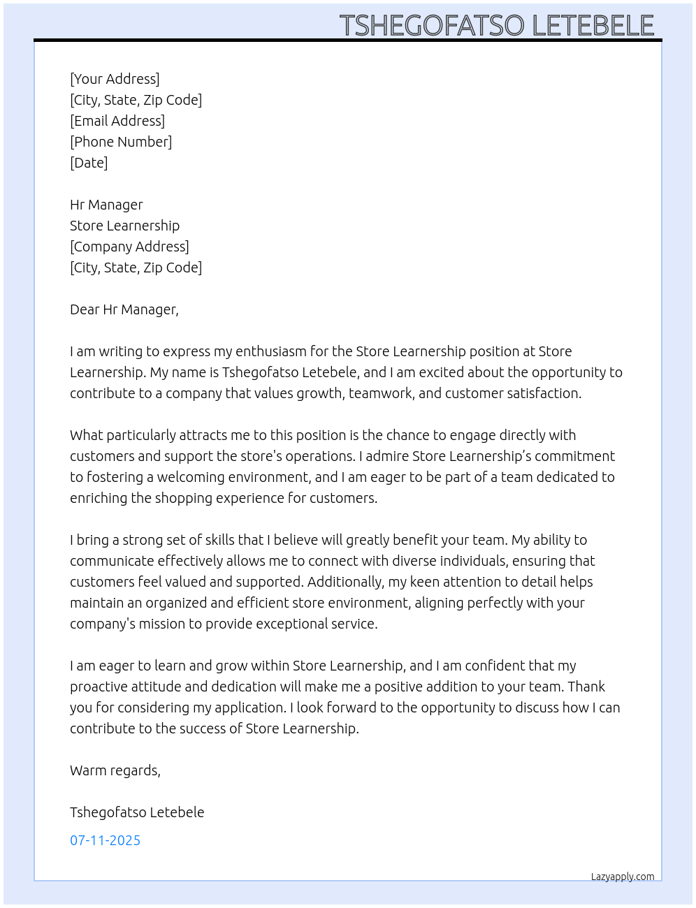 Cover letter for store leanership - LazyApply