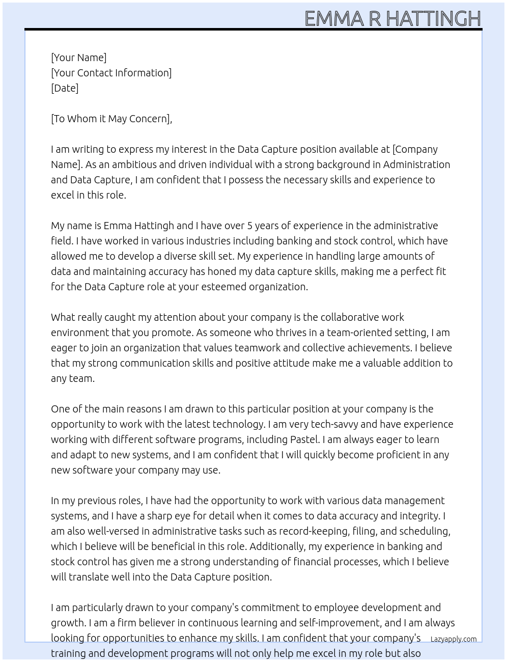 Data Capture At Administration Cover Letter