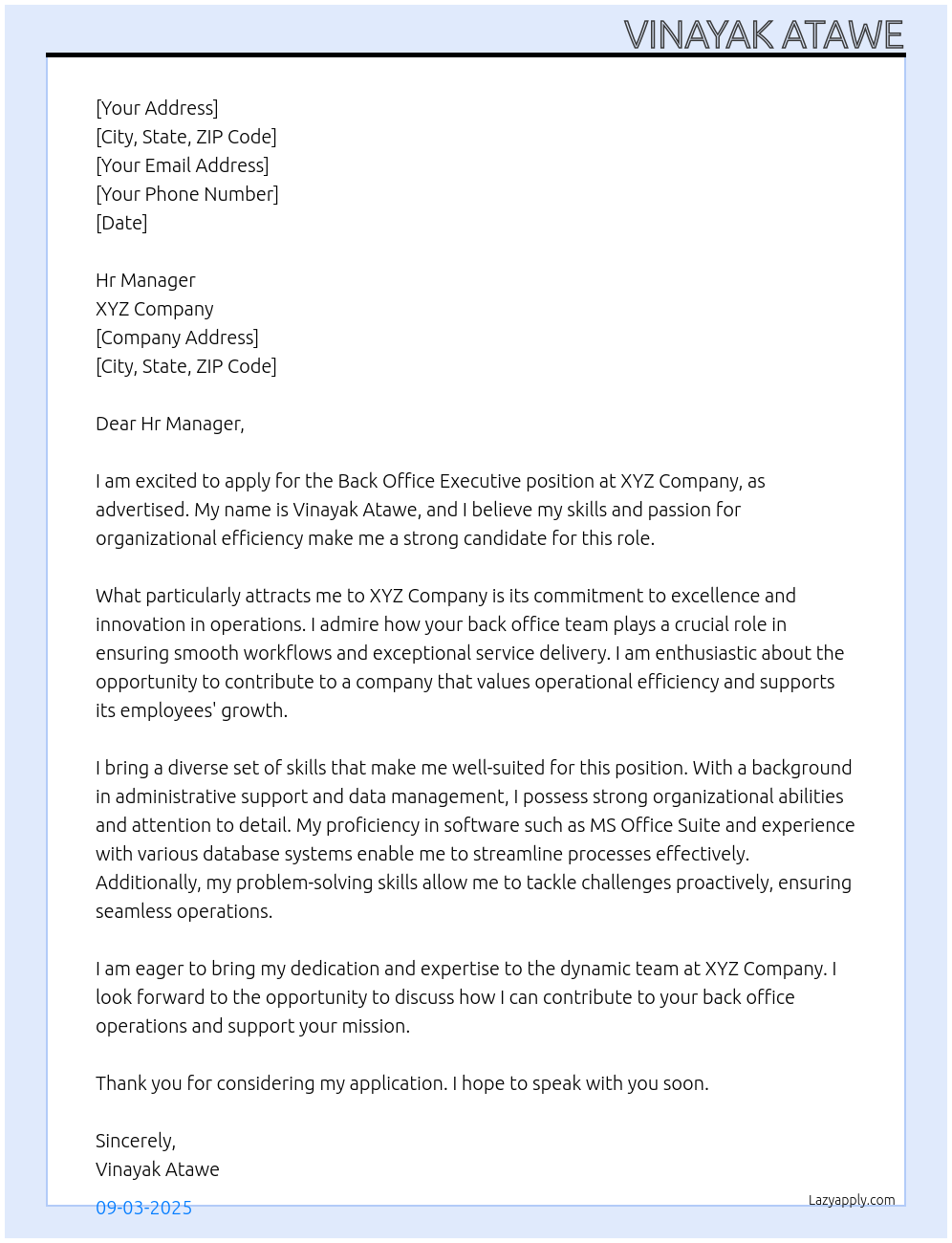 Back office executive  At Xyz Cover Letter