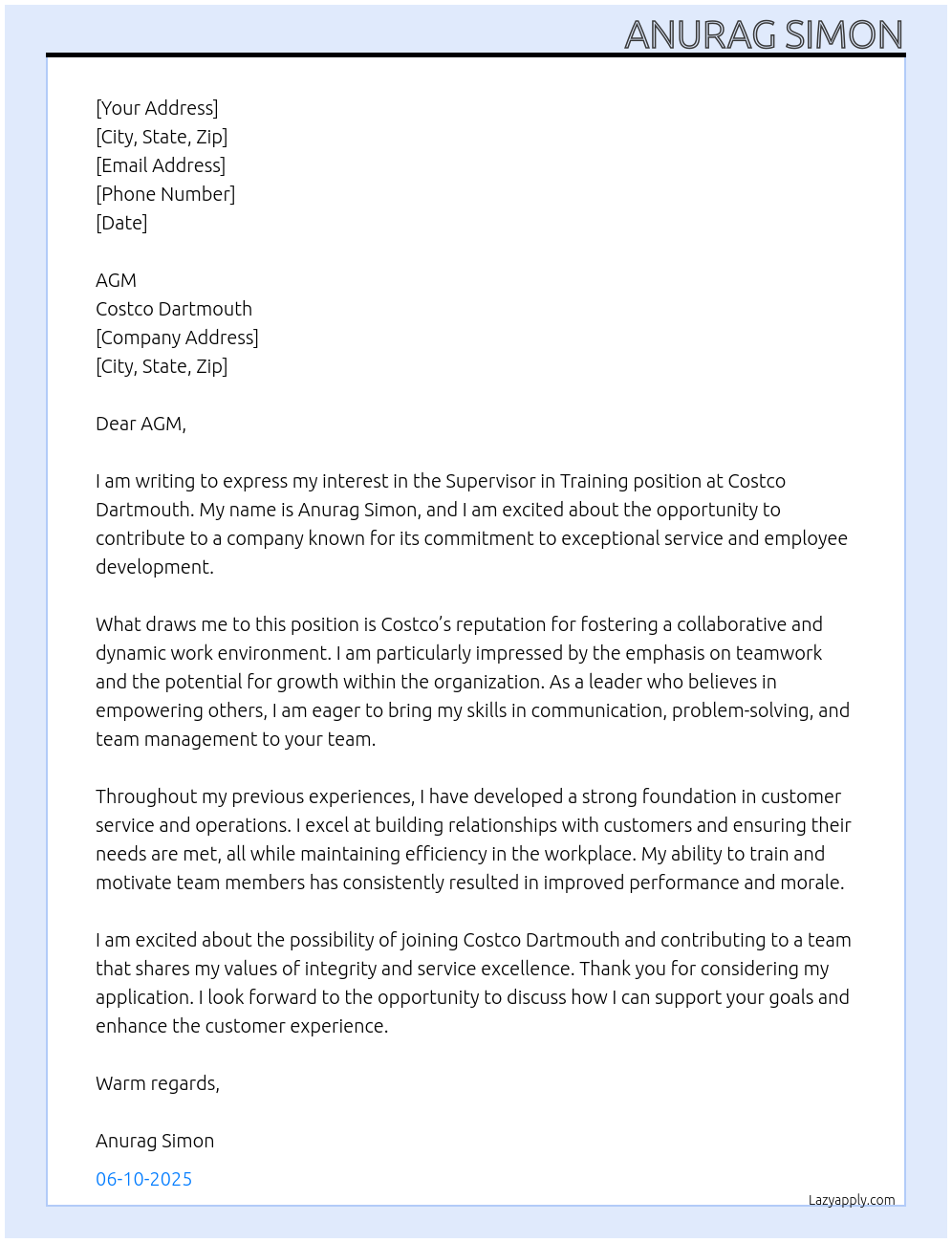 Supervisor in training At Costco Dartmouth Cover Letter