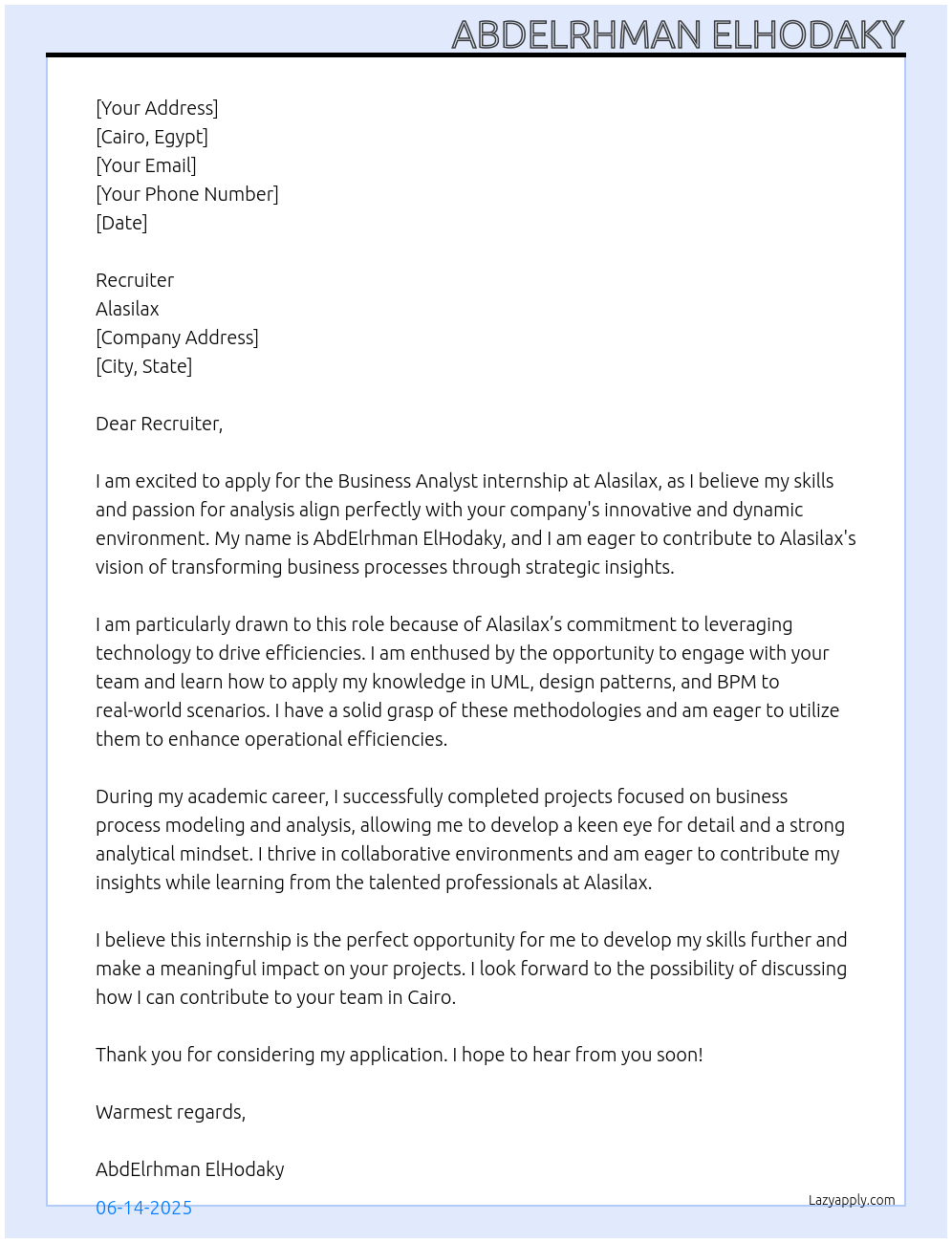 Business Analyst At Alasilax Cover Letter