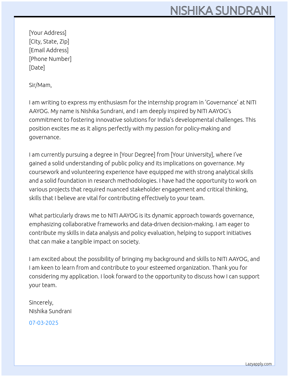 NITI AAYOG internship program in 'Governance' At NITI AAYOG Cover Letter