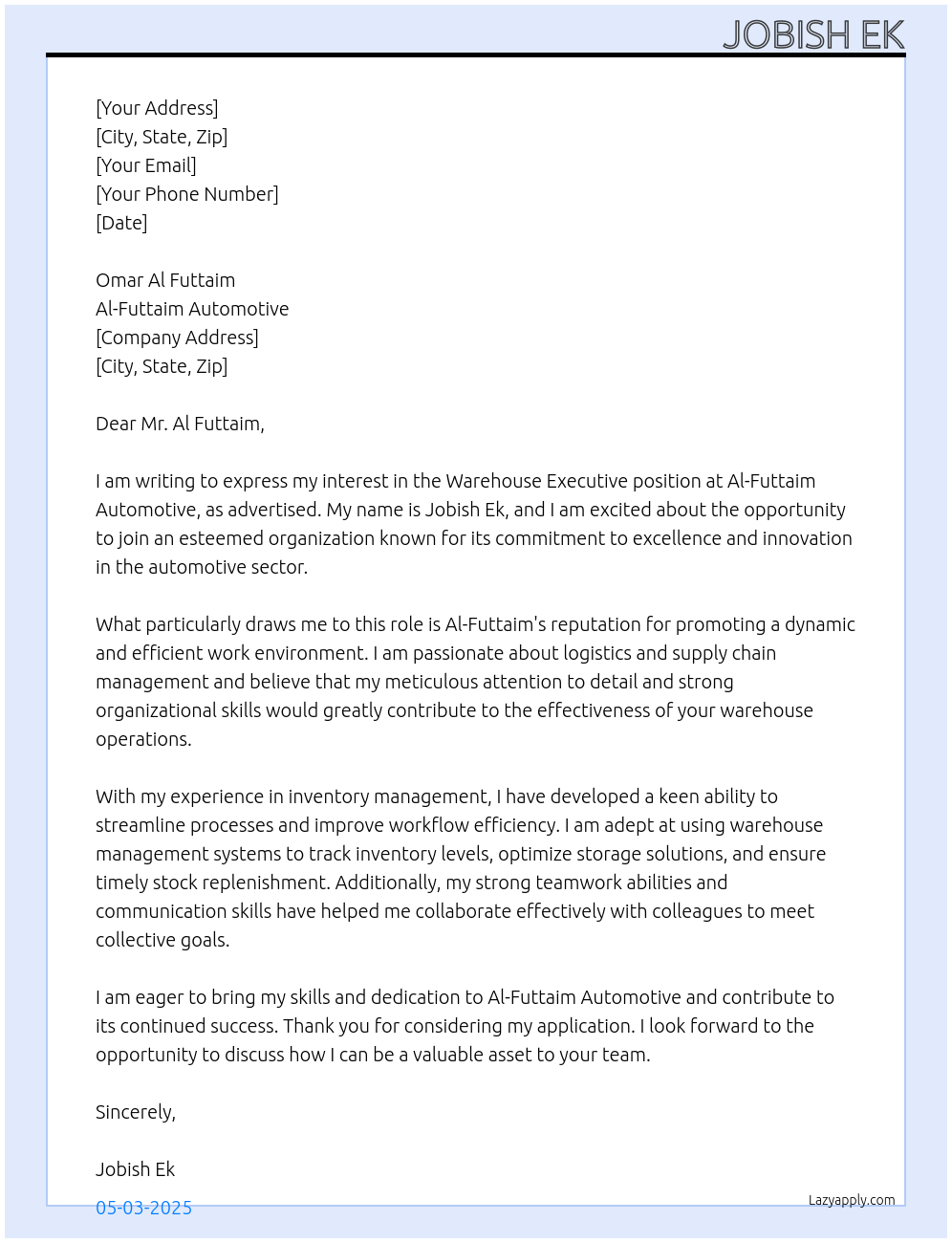 Warehouse executives At Al-Futtaim Automotive Cover Letter
