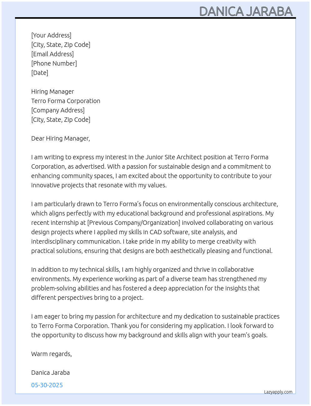 Cover letter for junior site architect - LazyApply