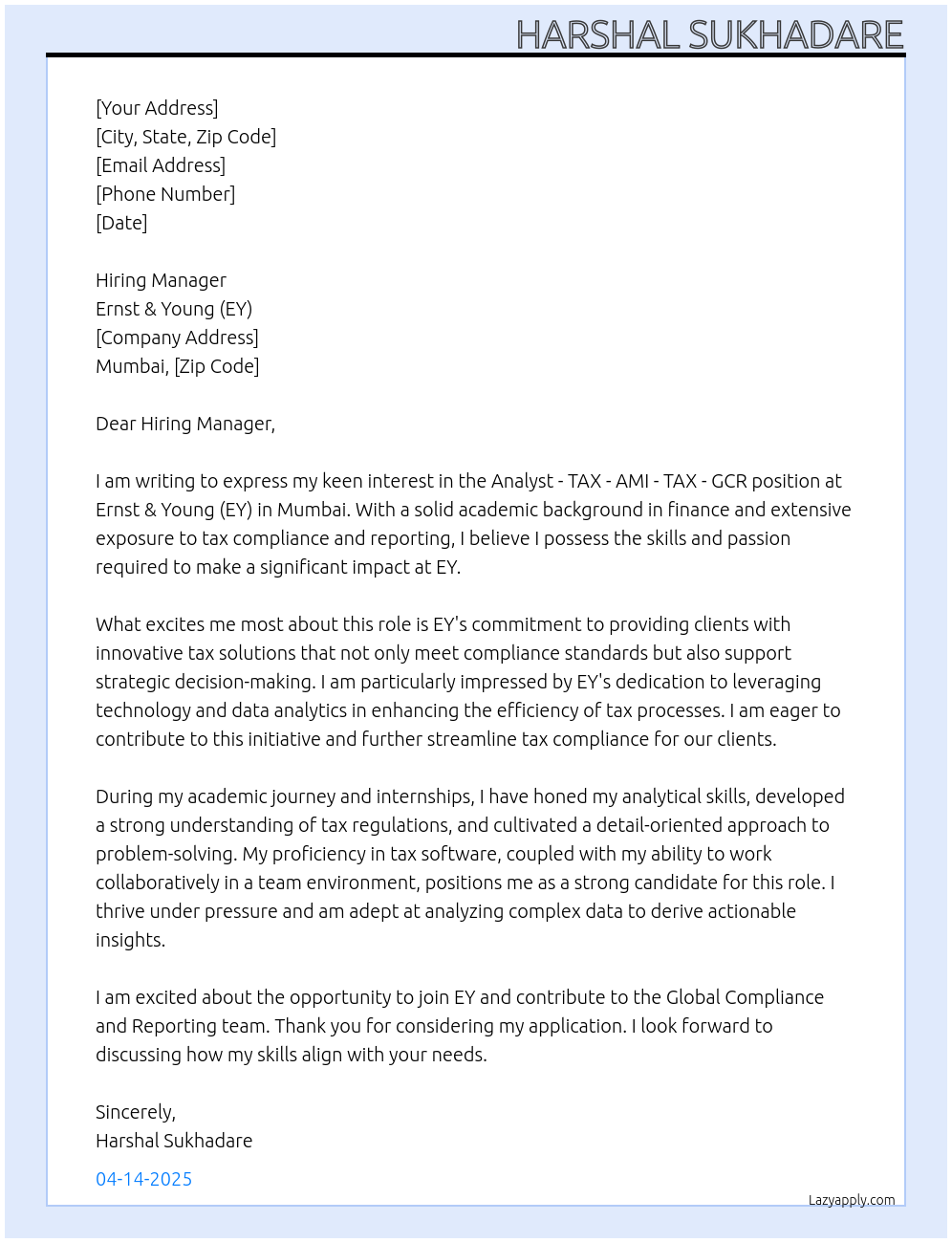 Cover letter for analyst - tax - ami - tax - gcr - global compliance & reporting - mumbai - LazyApply