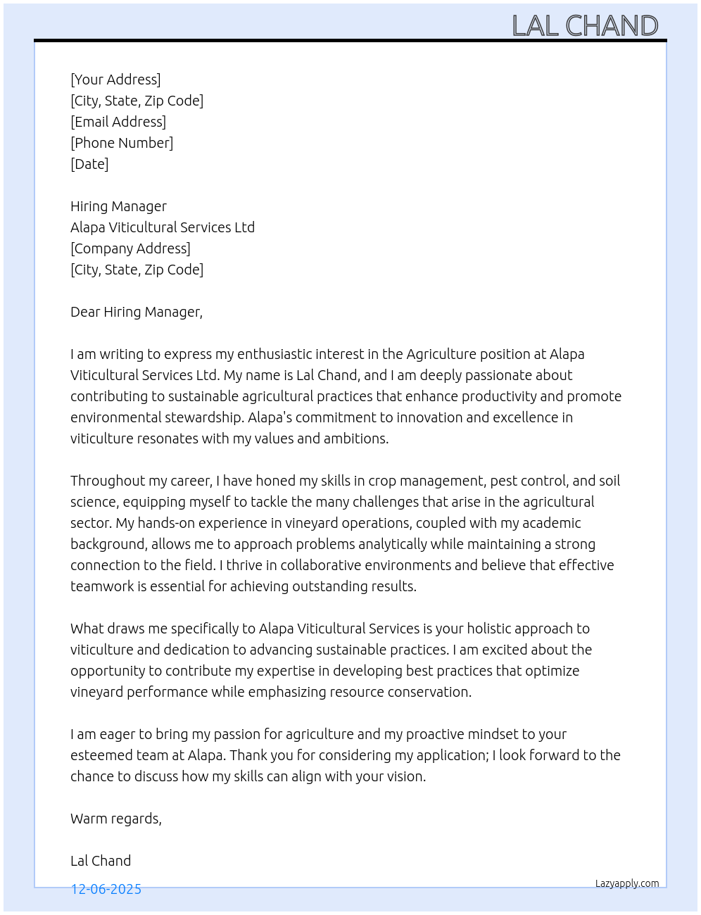 Cover letter for agriculture - LazyApply