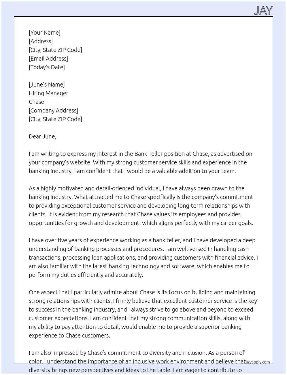 Bank teller At Chase Cover Letter