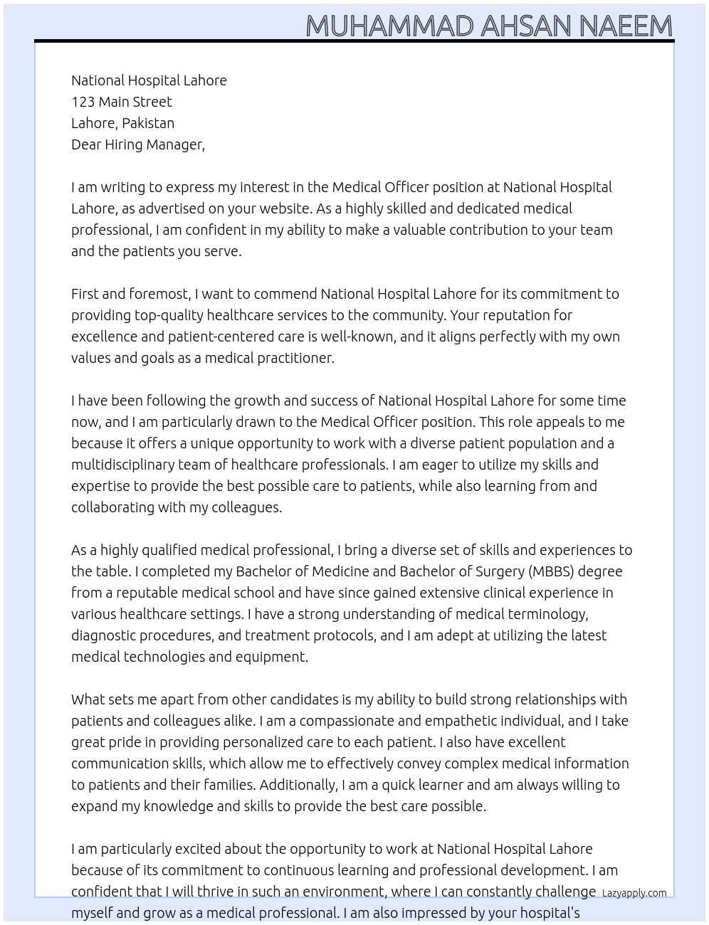 Medical Officer At National Hospital Lahore Cover Letter