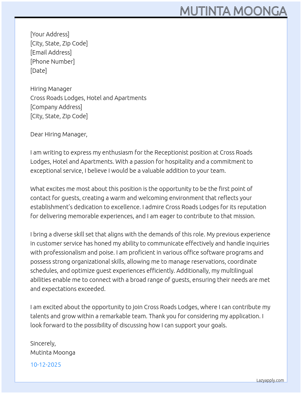 Receptionist At Cross Roads Lodges, Hotel and apartments Cover Letter