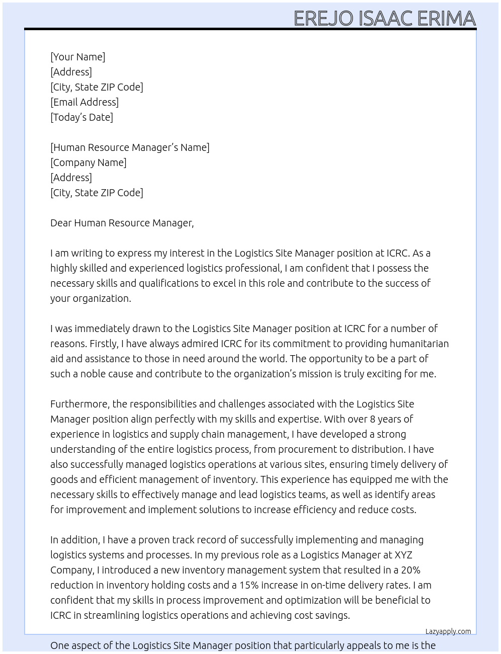 Logistics Site Manager At ICRC Cover Letter