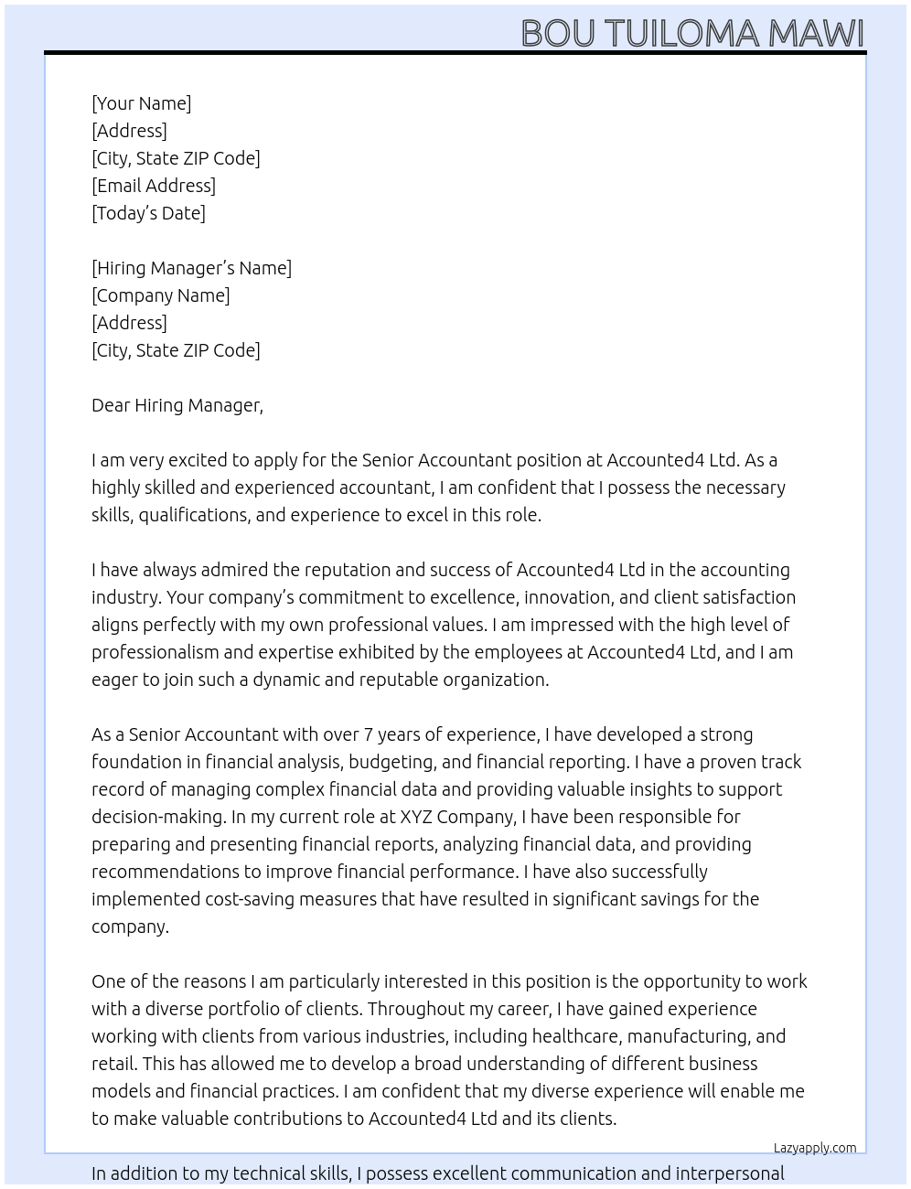 Senior Accountant At Accounted4 Ltd Cover Letter