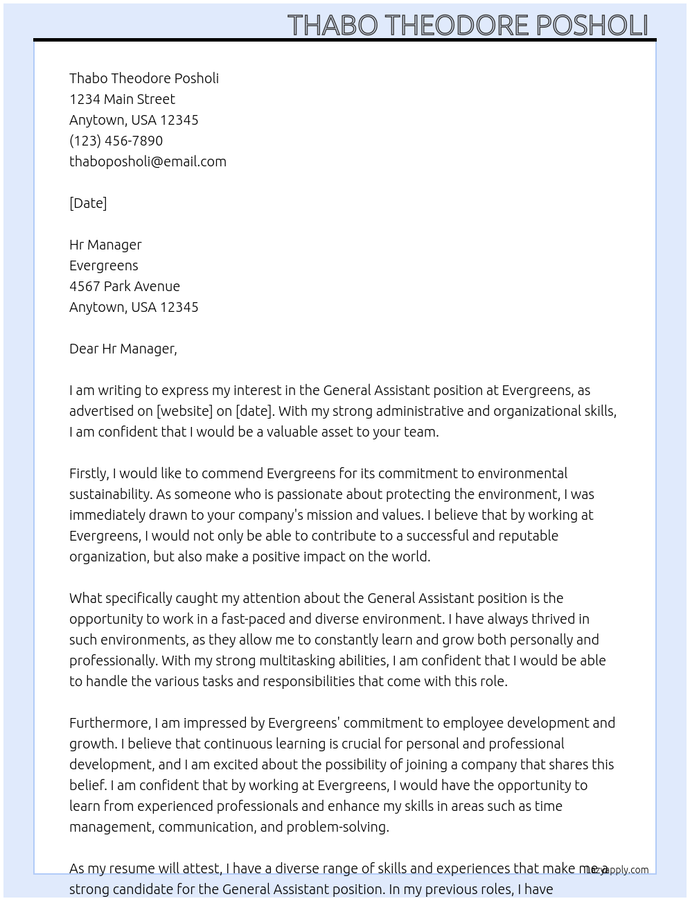 General assistant  At Evergreens  Cover Letter