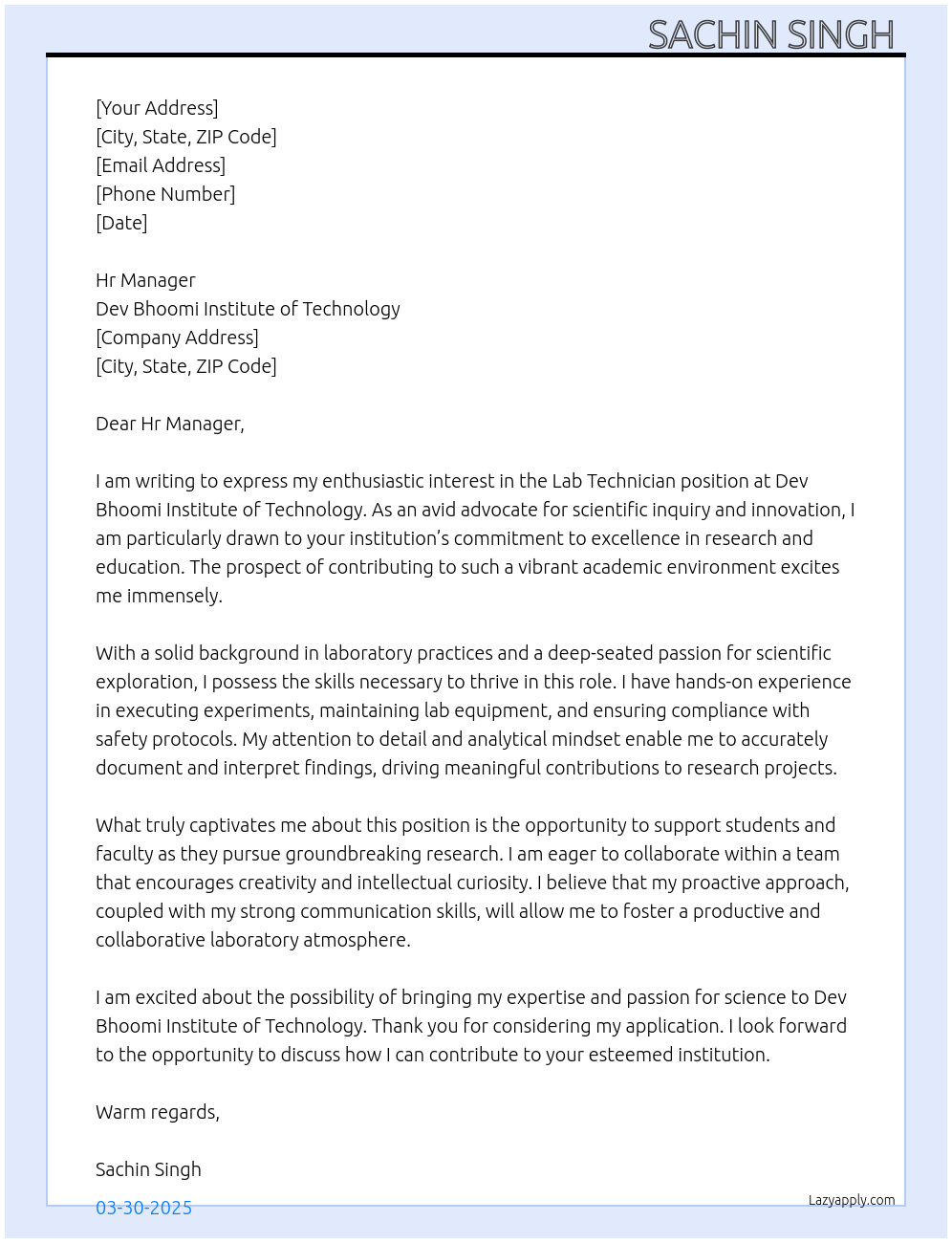Lab technician At Dev bhoomi institute of technology Cover Letter