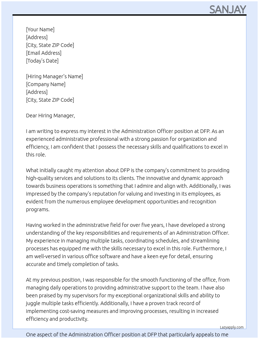 Administration Officer At DFP Cover Letter