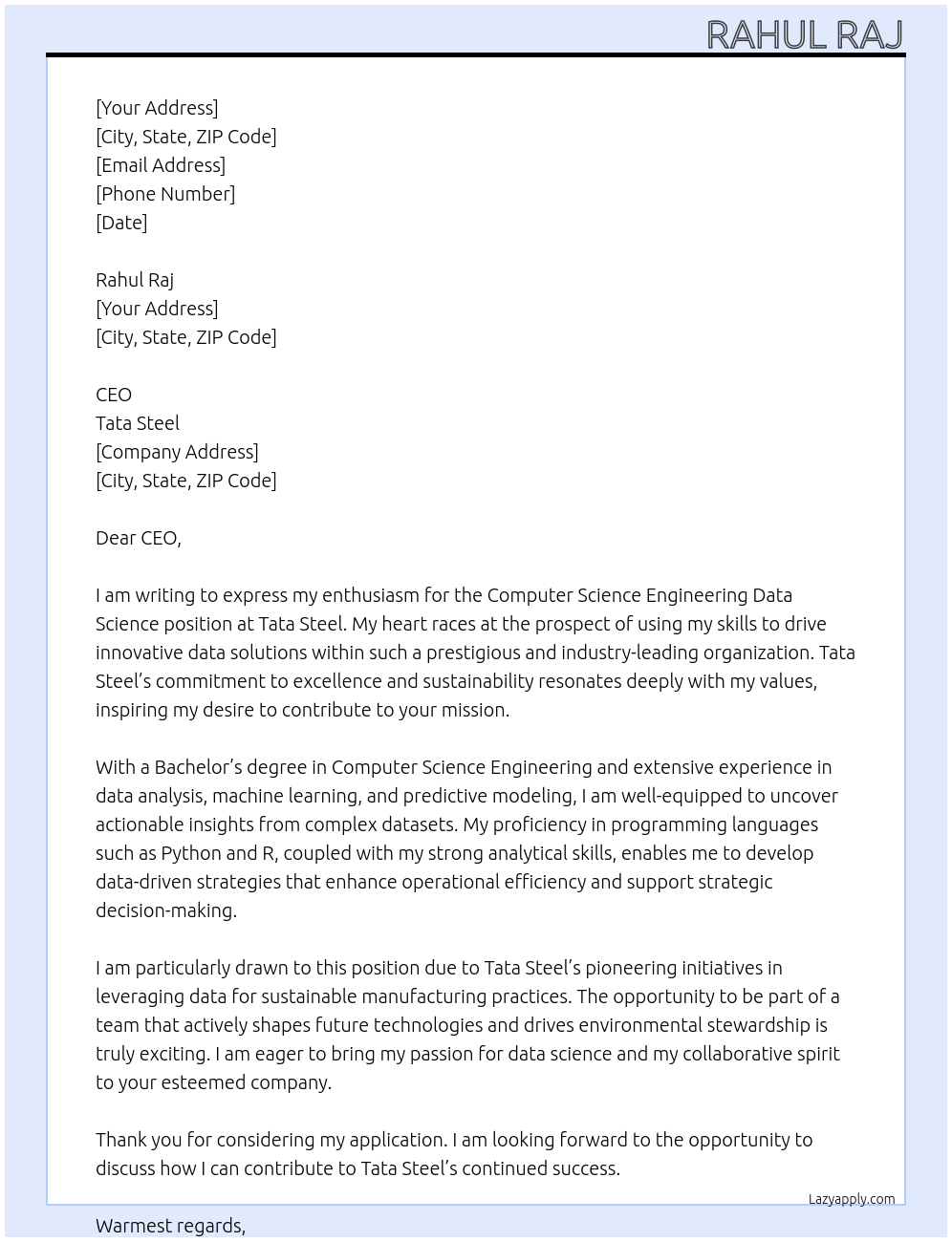 Cover letter for computer science engineering data science - LazyApply