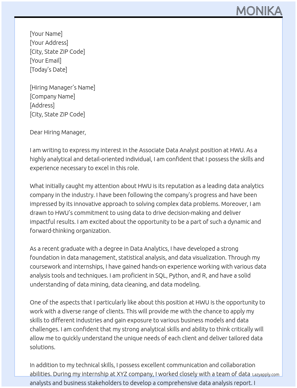 Associate Data Analyst At HWU Cover Letter