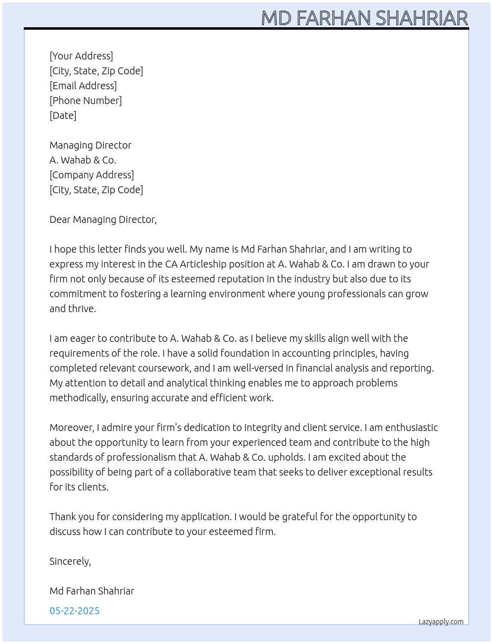 CA Articleship At A. wahab & co. Cover Letter