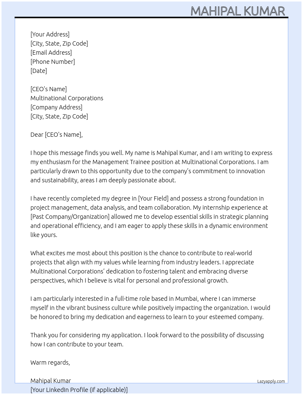 Management trainee At Multinational corporations Cover Letter