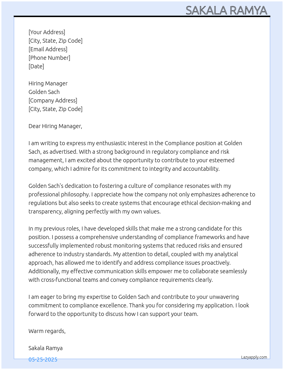 Compliance At Golden Sach Cover Letter