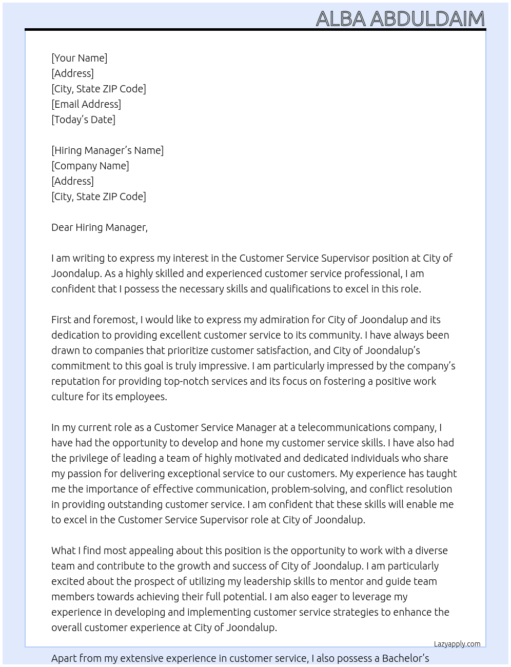 Customer service supervisor At City of Joondalup Cover Letter