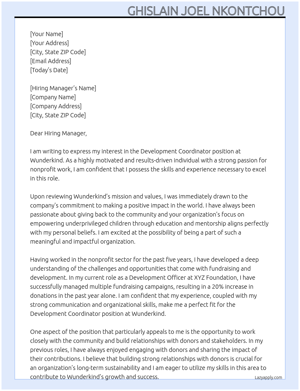 Development Coordinator At Wunderkind Cover Letter