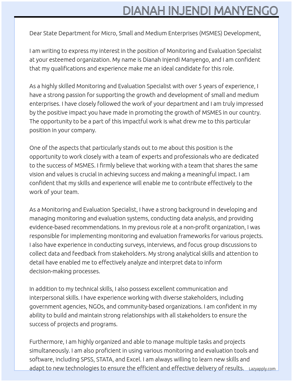 MONITORING AND EVALUATION SPECIALIST At State Department for Micro, Small and Medium Enterprises (MSMES) Development Cover Letter