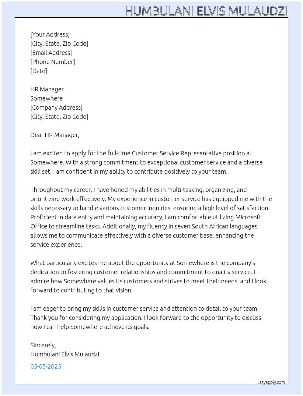 Customer Service Representative At Somewhere Cover Letter