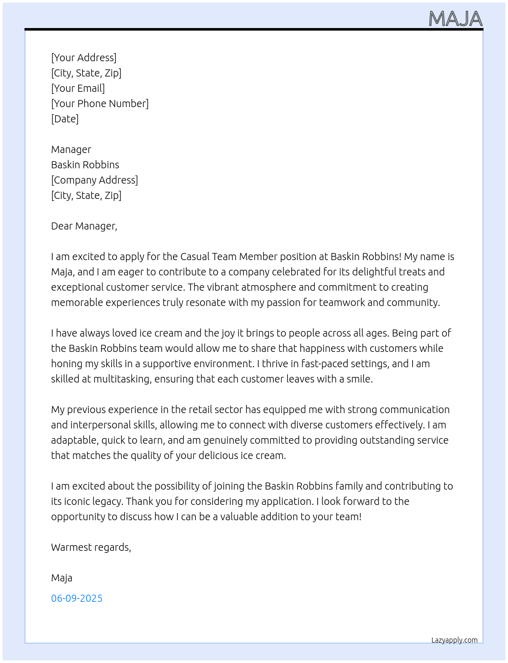 Casual team member At Baskin Robbins Cover Letter