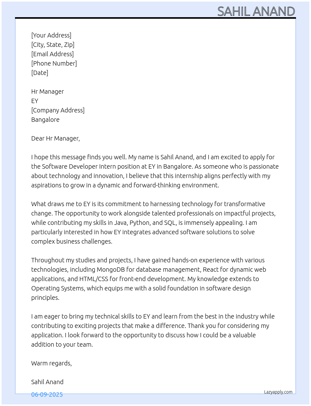 Cover letter for software developer intern - LazyApply