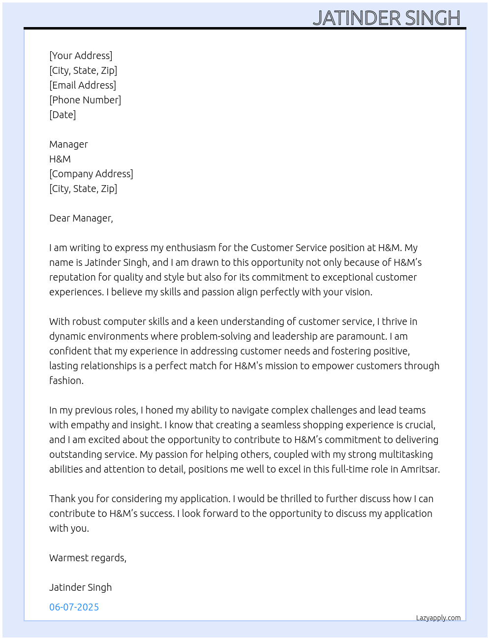 customer service At h&m Cover Letter