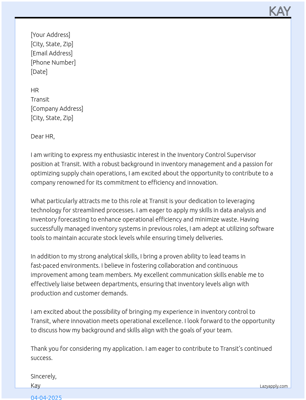 Inventory Control Supervisor At Transit Cover Letter