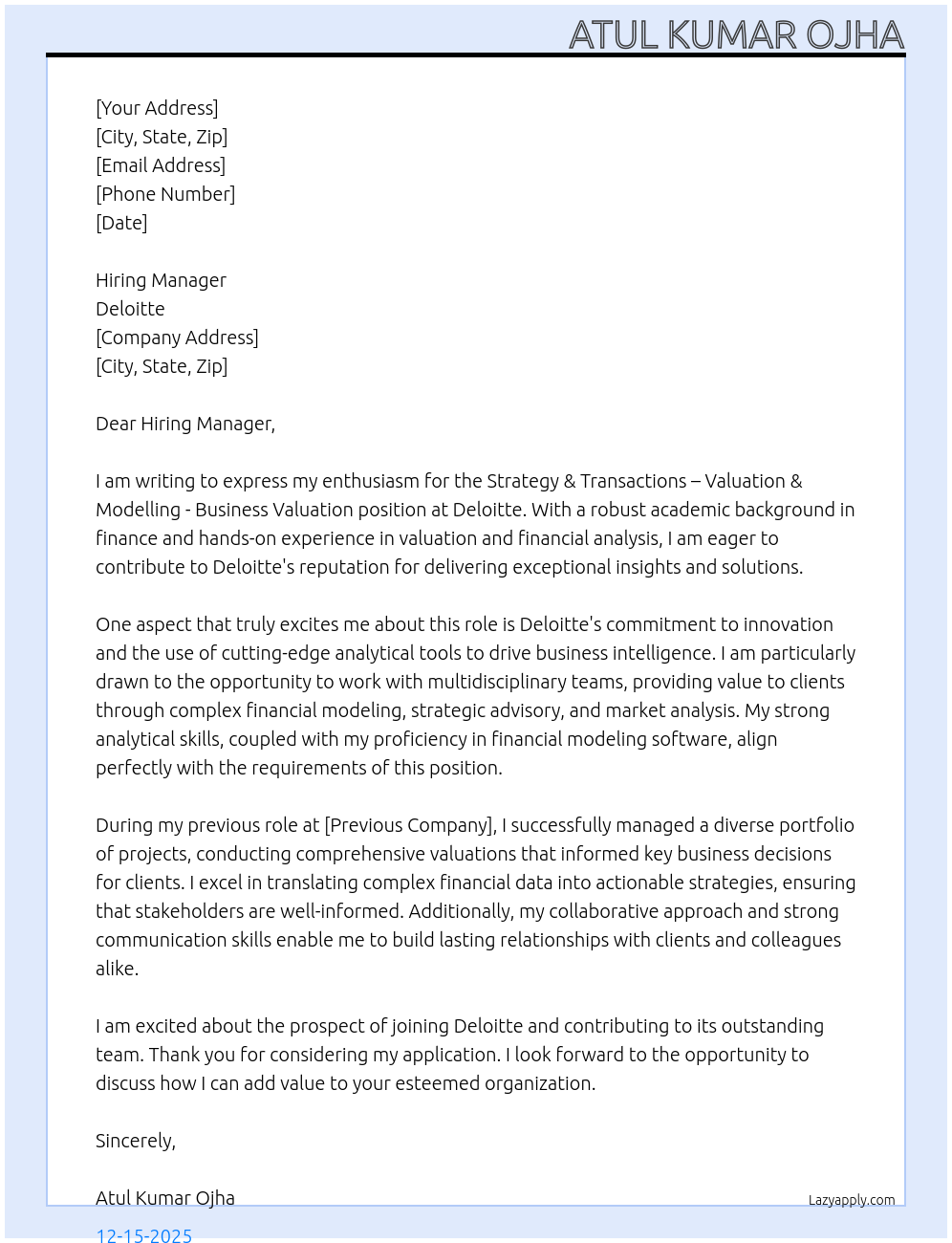 Strategy & Transactions – Valuation & Modelling - Business Valuation  At Deloitte Cover Letter