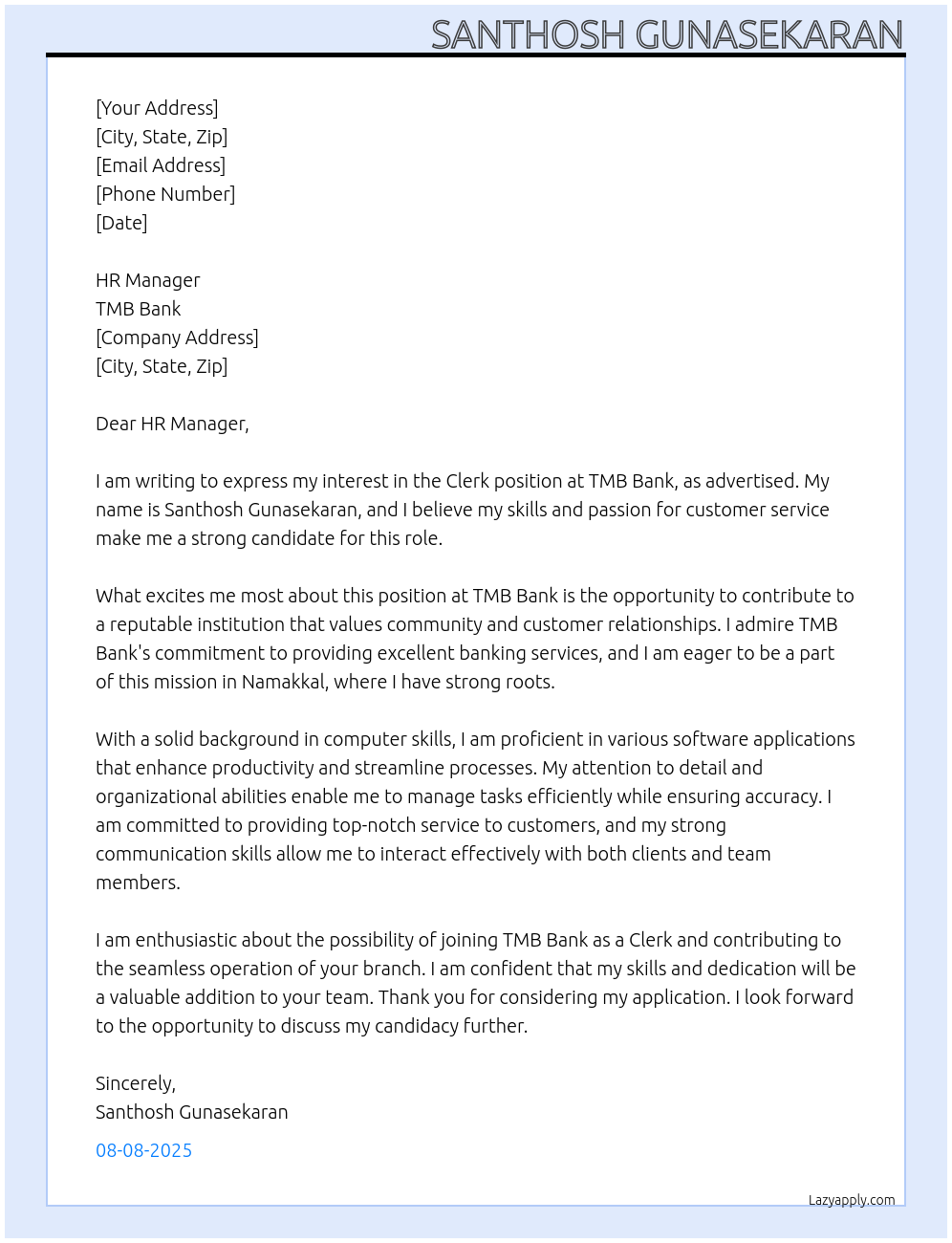 Clerk At TMB BANK Cover Letter