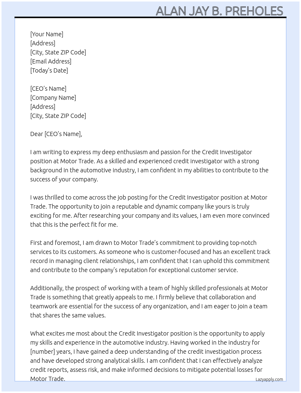 Credit investigator  At Motor trade  Cover Letter