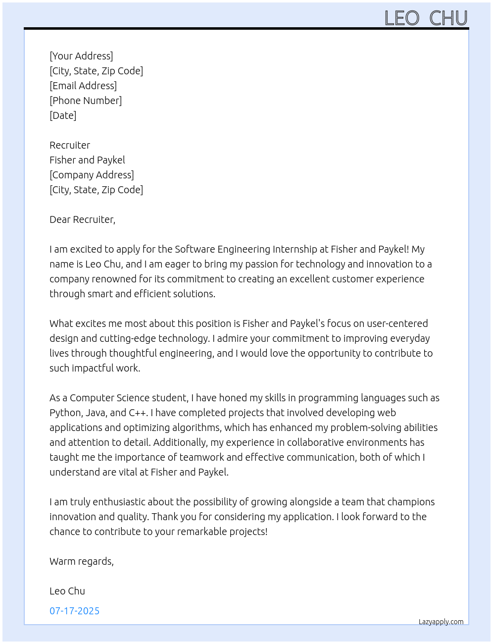 Cover letter for software engineering internship - LazyApply