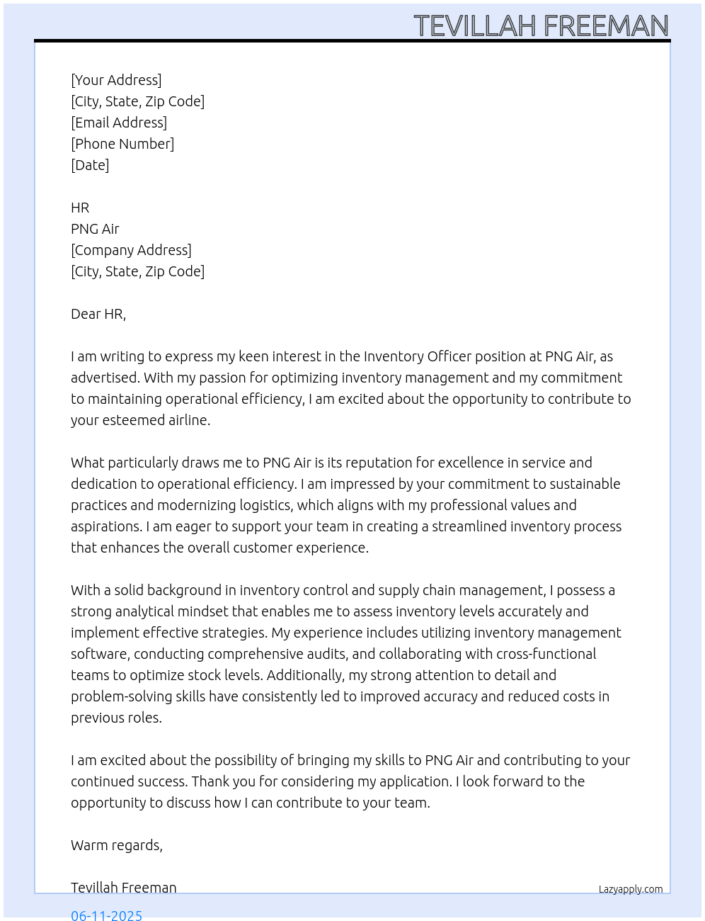 Inventory officer At PNG Air Cover Letter