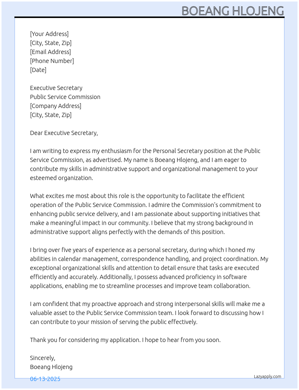 Cover letter for personal secretary - LazyApply