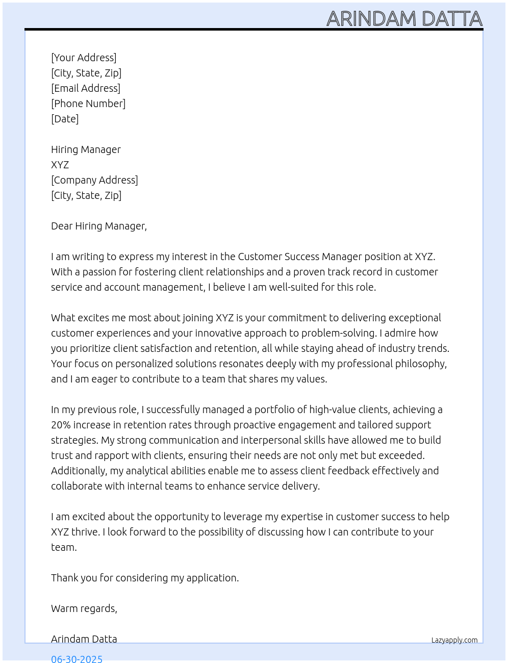 Customer Success Manager At XYZ Cover Letter