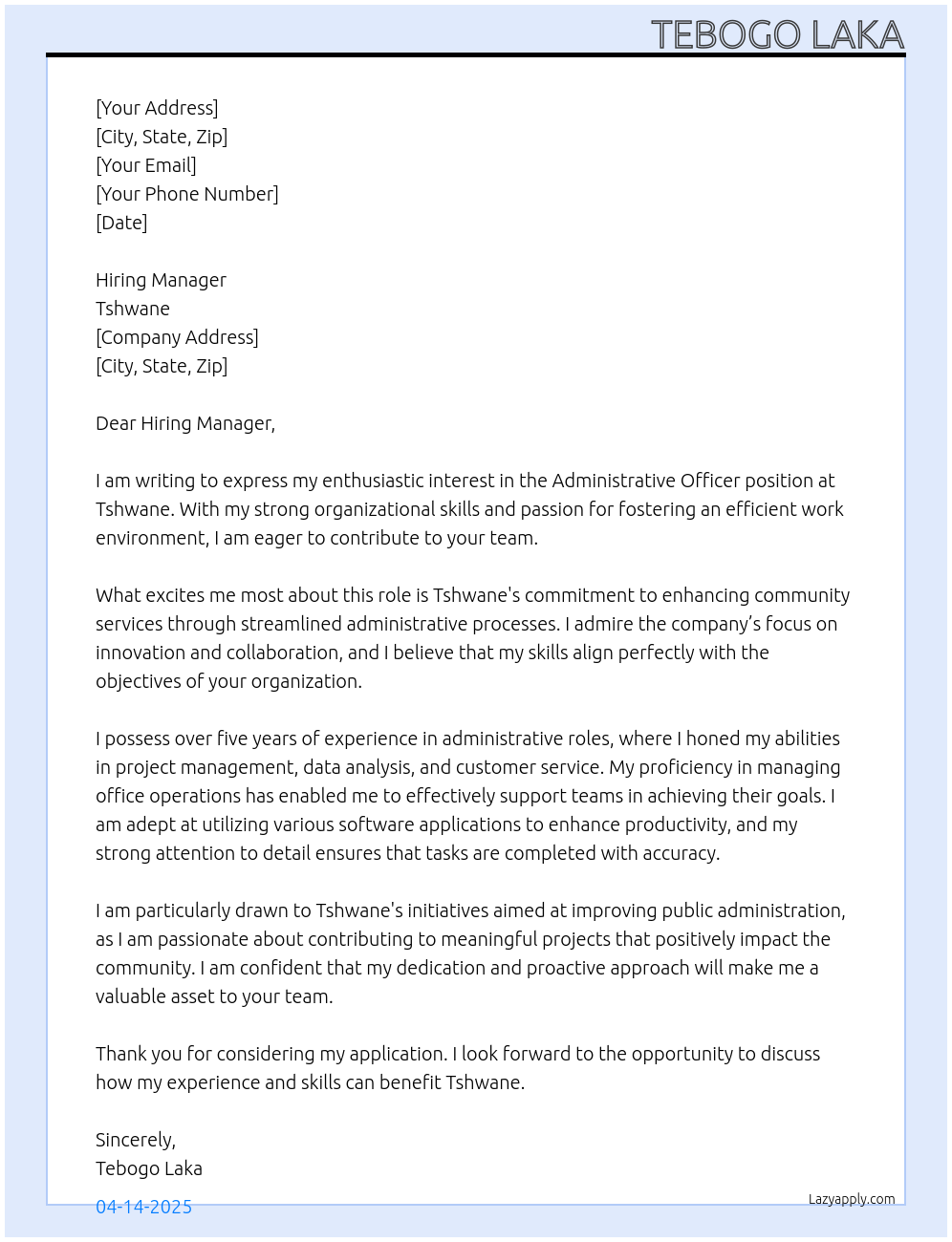 administrative officer At tshwane Cover Letter