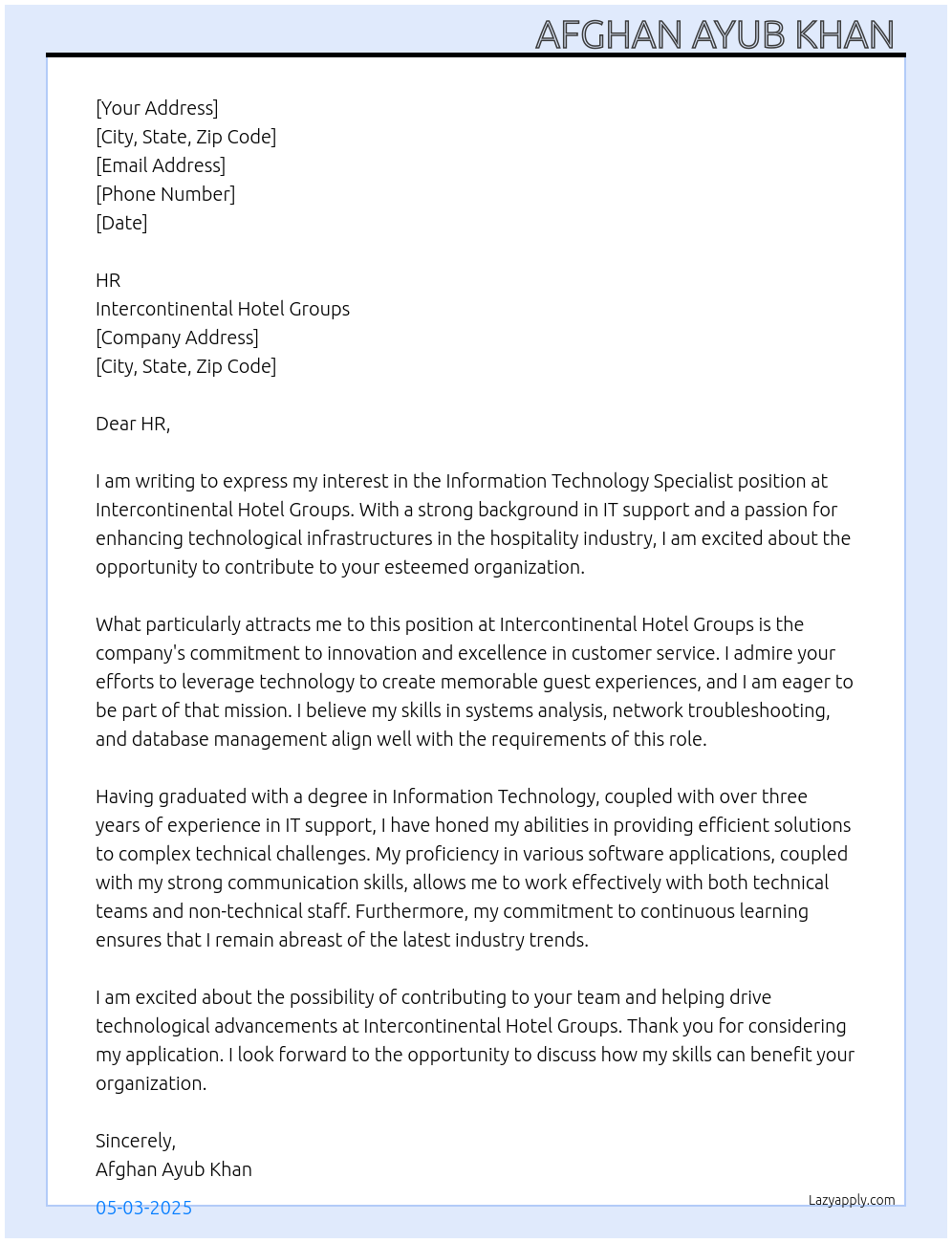 Information technology specialist At Intercontinental hotel groups Cover Letter
