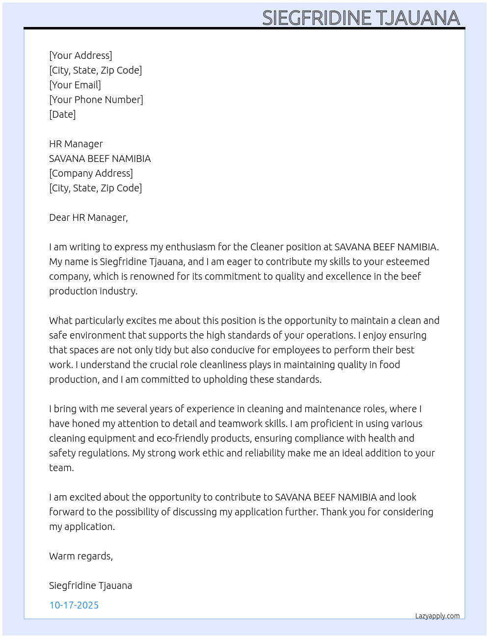 Cleaner At SAVANA BEEF NAMIBIA Cover Letter