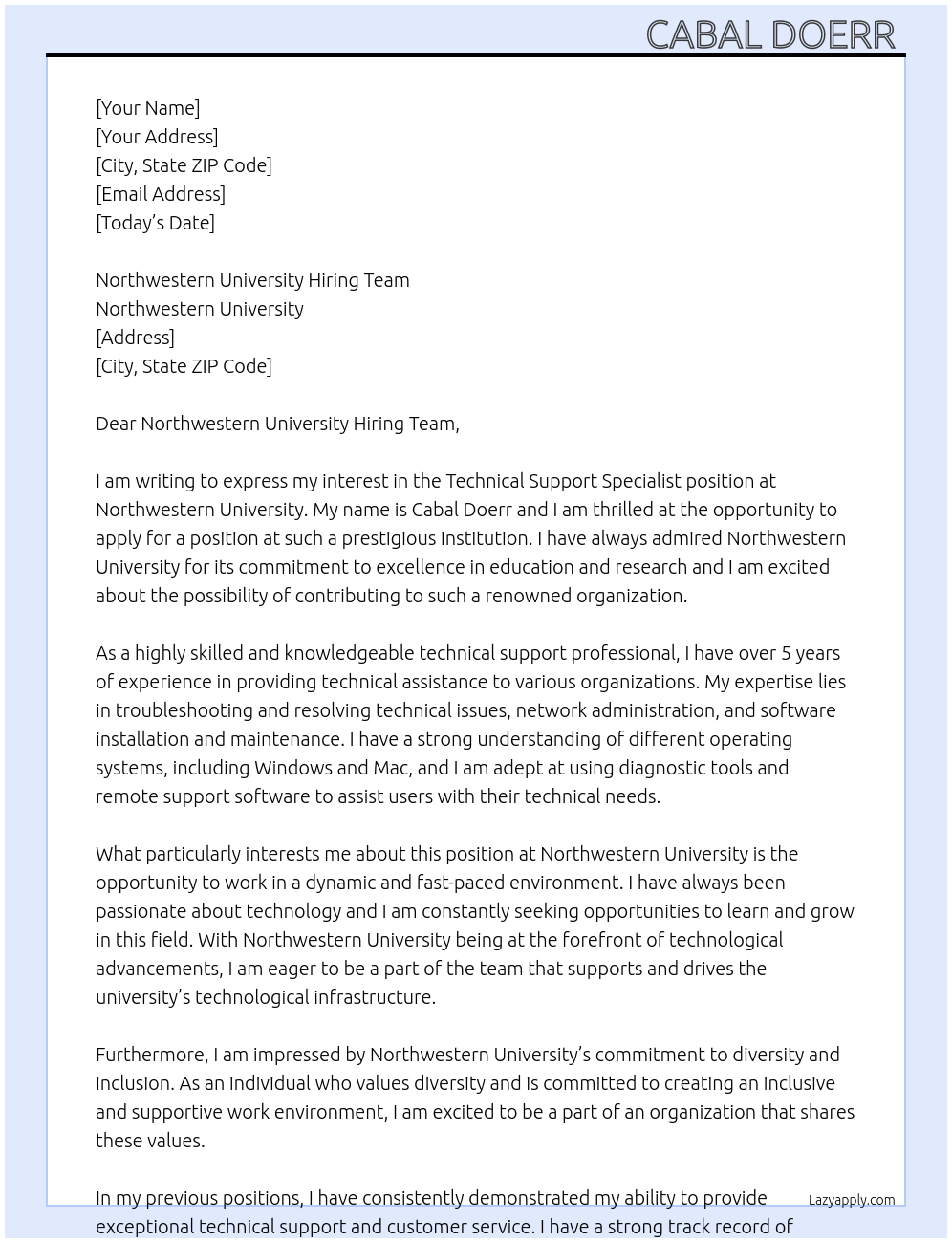Technical Support Specialist At Northwestern University Cover Letter