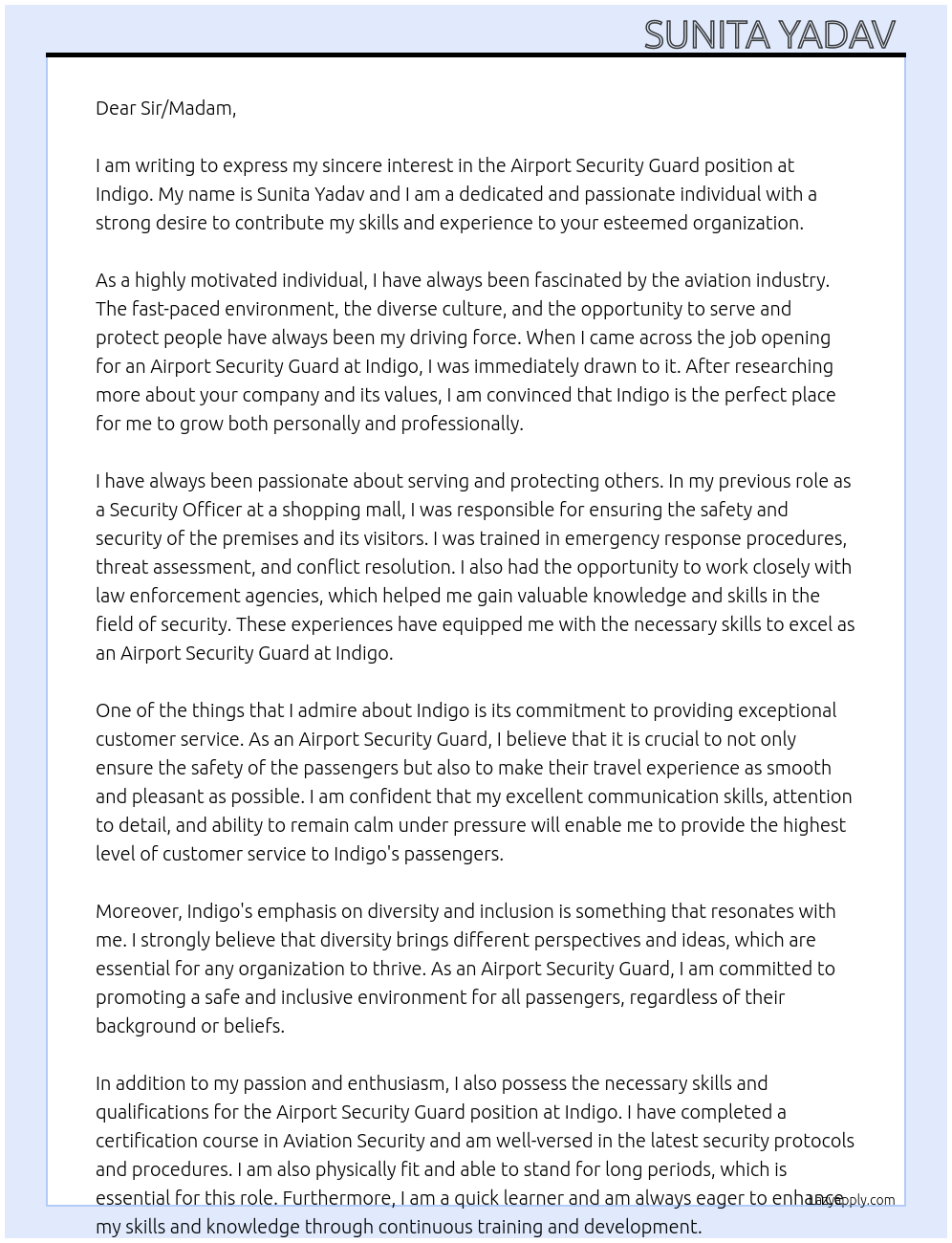 Airport security guard At Indigo Cover Letter
