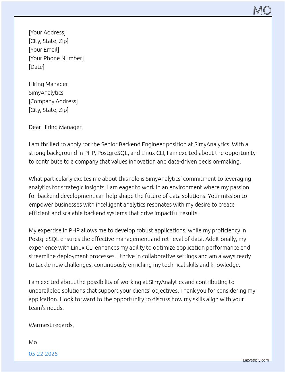 Senior Backend Engineer At SimyAnalytics Cover Letter