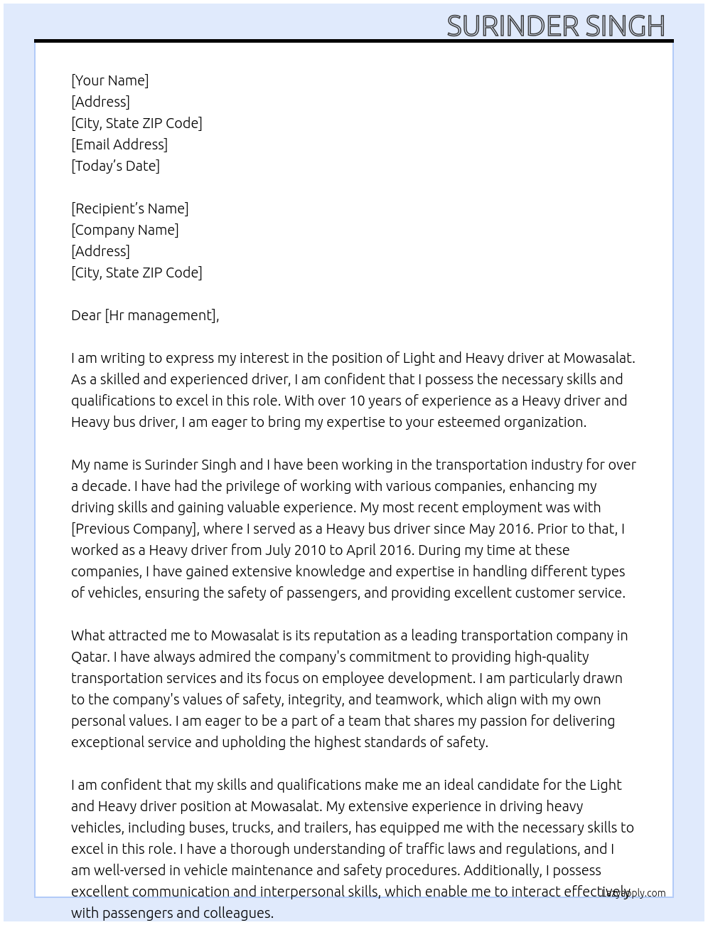 Light and Heavy driver  At Mowasalat  Cover Letter